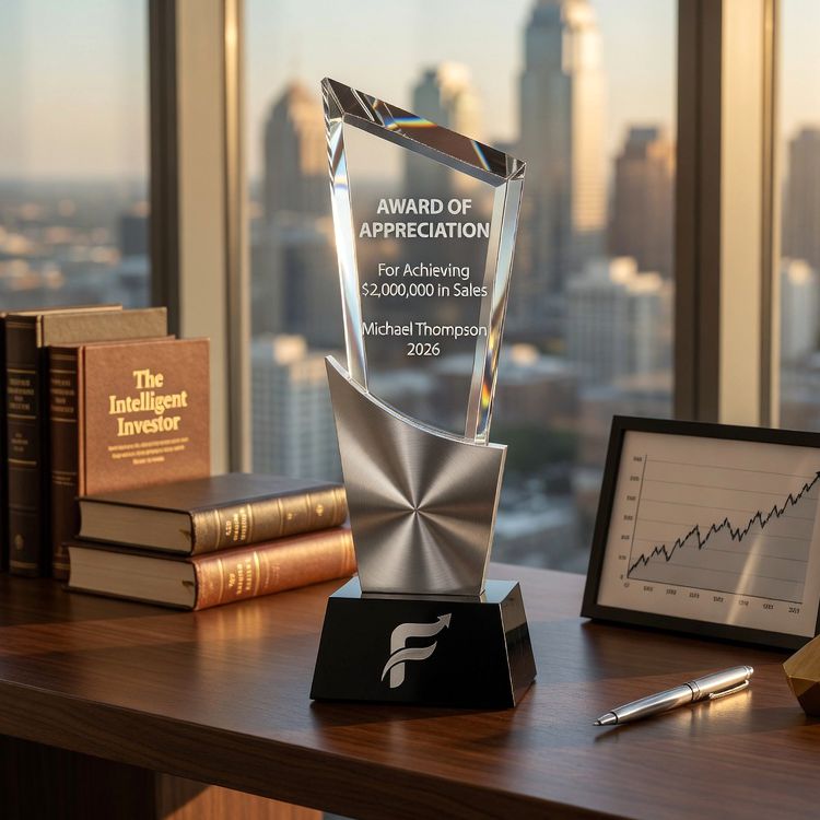 Our Slanted Summit Crystal Trophy sitting on a financial investors desk with stock related items on the desk & a skyline in the background. The crystal trophy features a slanted clear crystal piece for engraving at the top, a silver metal accent in the middle & a black crystal base at the bottom. The top has words of recognition for hitting a sales milestone, while the black crystal base has the company's logo. This CRY2014 is 10.5" tall & weighs 4 lbs.