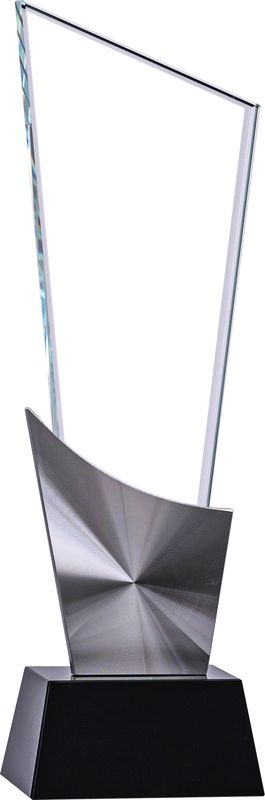 Our Slanted Summit Crystal Trophy shown on a white background & blank, without engraving. The award features a slanted peak piece of clear crystal for engraving, a middle silver metal area for a contemporary accent and a black crystal base a the bottom. This CRY2017 trophy is 3" x 10.5" in size & weighs 4 lbs.