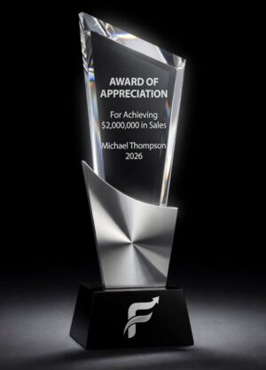 Our Slanted Summit Crystal Trophy CRY2014 features a slanted clear piece of crystal at the top for laser engraving personalization, a silver metal accent middle area & a black crystal base. This CRY2014 is 10.5" tall & Weighs 4 lbs.