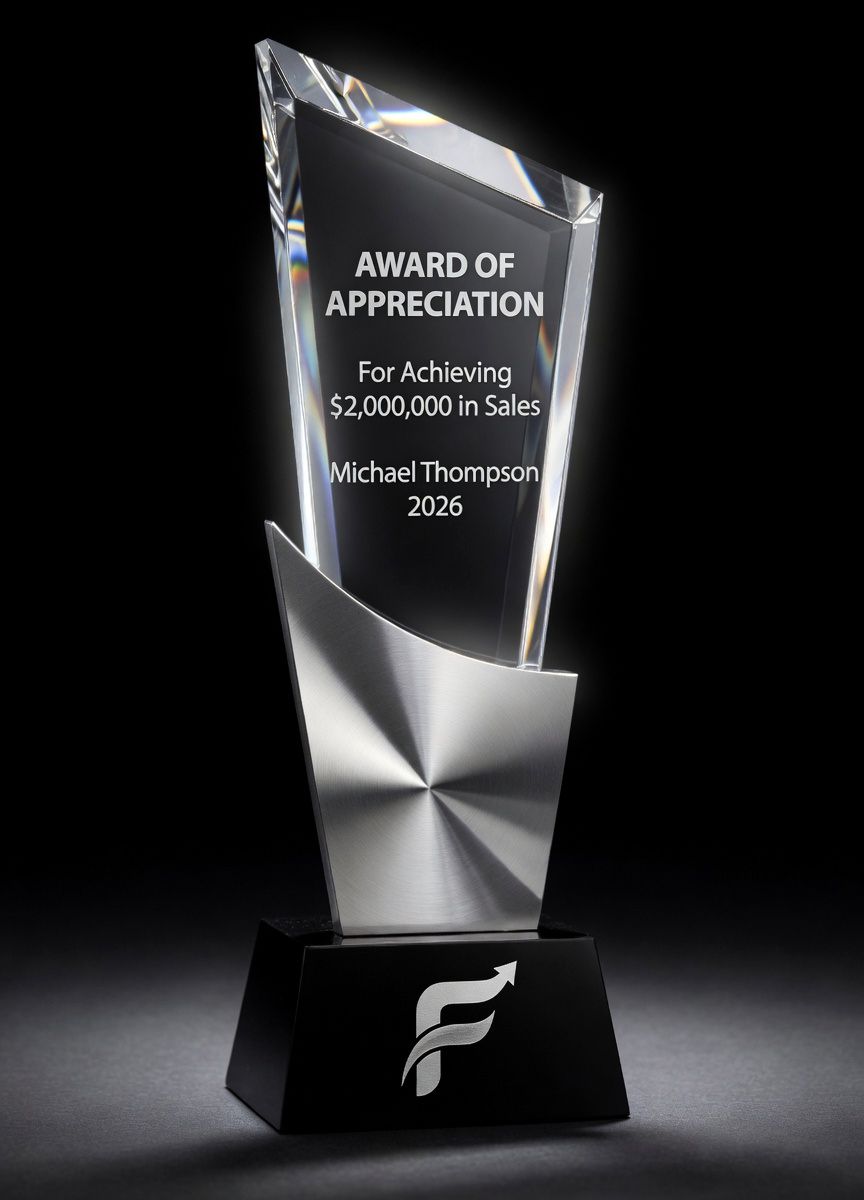 Our Slanted Summit Crystal Trophy CRY2014 features a slanted clear piece of crystal at the top for laser engraving personalization, a silver metal accent middle area & a black crystal base. This CRY2014 is 10.5" tall & Weighs 4 lbs.