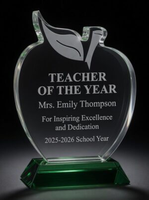 Teacher of the Year Award sitting on a dark background with a light to accent the award. It features a crystal apple cutout with a frosted stem & leaf at the top. The middle area is for laser engraving personalization and is personalized for Emily Thompson who won the award. This CRY1091 is 4.75" x 6.5" in size & weighs 2.6 lbs.