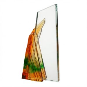 Amber Geode Crystal Award C2506A - 8.75 Inch Starfire Glass Pâte de Verre Recognition Trophy with Vibrant Orange, Yellow & Green Accents