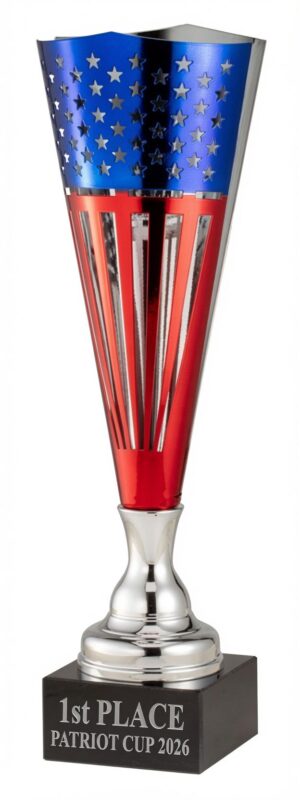 Patriotic American Flag Trophy Cup with silver metallic engraving on the black base reading "1st PLACE PATRIOT CUP 2026". The contemporary cup features a blue field with silver stars at the top and red & silver stripes below, mounted on a silver stem and black marble base.