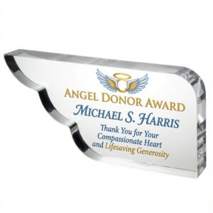 Angel Donor Award NW1816 - Full Color Engraved Crystal Angel Wing Trophy with Wings & Halo Logo for Michael S. Harris