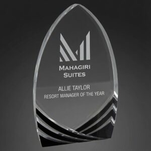 8" Black Cathedral Soaring Acrylic Award (SA202BK) – A sleek, modern 1" thick self-standing acrylic trophy featuring a striking cathedral-inspired shape with elegant beveled edges. The award showcases a dramatic black base with flowing, layered wave accents that catch and reflect light beautifully. This premium black acrylic is perfect for laser engraving and makes a sophisticated choice for corporate awards, employee recognition, manager of the year, sales achievements, or any special milestone.