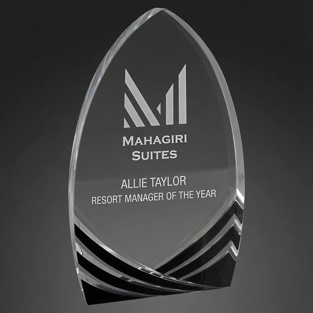 8" Black Cathedral Soaring Acrylic Award (SA202BK) – A sleek, modern 1" thick self-standing acrylic trophy featuring a striking cathedral-inspired shape with elegant beveled edges. The award showcases a dramatic black base with flowing, layered wave accents that catch and reflect light beautifully. This premium black acrylic is perfect for laser engraving and makes a sophisticated choice for corporate awards, employee recognition, manager of the year, sales achievements, or any special milestone.