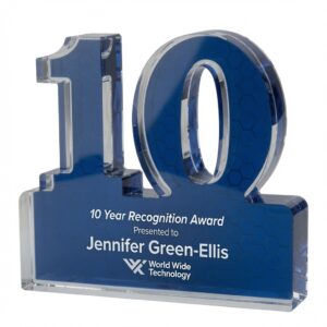 Our Blue 10 Year Award features the number 10 cut out in .75" thick acrylic with a blue background. It's mounted on an acrylic rectangle that is meant for personalization. This DT010 is 4" x 5" in size and includes free engraving.