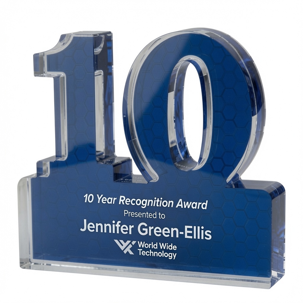 Our Blue 10 Year Award features the number 10 cut out in .75" thick acrylic with a blue background. It's mounted on an acrylic rectangle that is meant for personalization. This DT010 is 4" x 5" in size and includes free engraving.