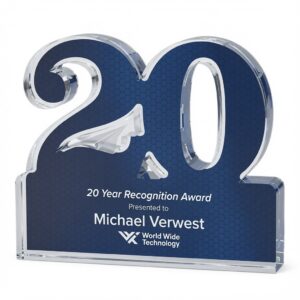 Our Blue 20 Year Award features an acrylic cut out of the number 20 mounted on a rectangle acrylic base meant for personalization. It has a blue background with a honeycomb design. This DT020 is 5" x 4" in size and includes free engraving.