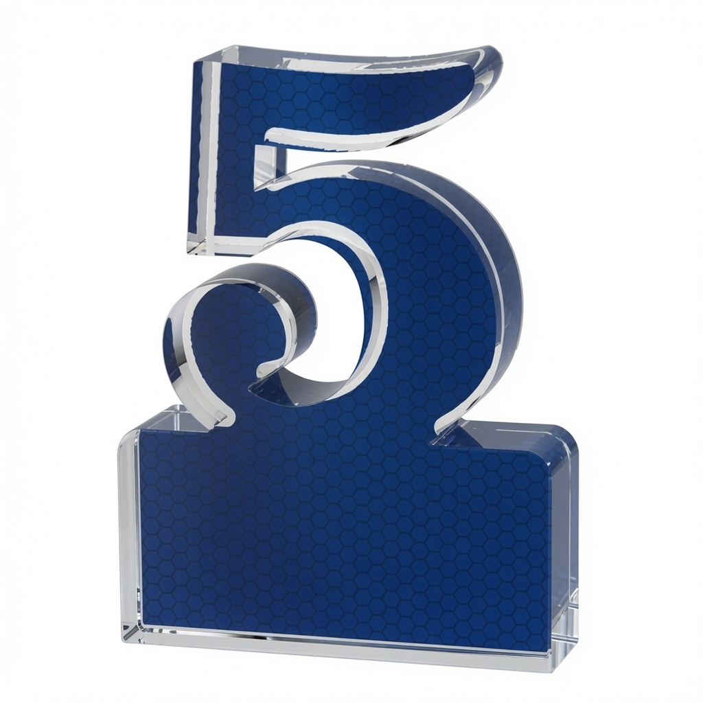 Our Blue 5 Year Award features an acrylic cutout of the number 5 mounted on a rectangle base. The base is for laser engraving or full color personalization. This DT005 is 3.25" x 5" in size and includes free engraving.