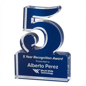 Our Blue 5 Year Award features an acrylic cutout of the number 5 symbolizing 5 years of service for a company or organization. It's mounted on an acrylic base that is meant for personalization. This DT005 is 3.25" x 5" in size and includes free engraving.