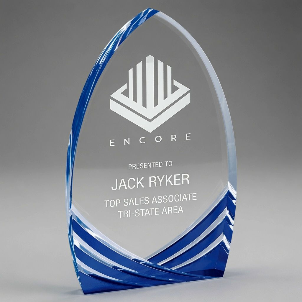 7" Blue Cathedral Soaring Acrylic Award (SA201BU) – A sleek, modern self-standing acrylic trophy with a graceful teardrop (cathedral) shape and beveled edges. This 1" thick clear acrylic features vibrant blue accents along the sides and base with layered wave details that beautifully catch the light.