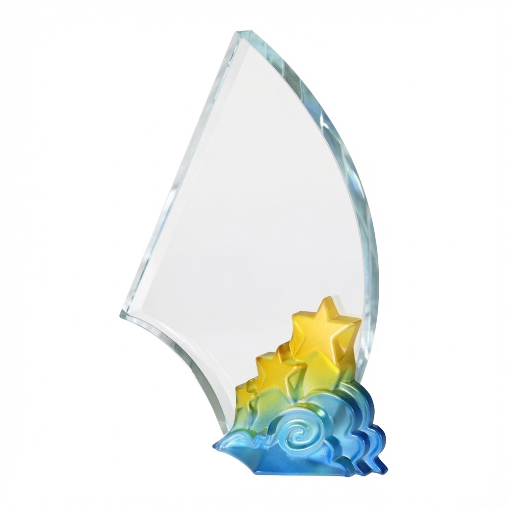 Celestial Achievement Award – a striking 8.25 inch tall crystal trophy featuring a tall, gracefully curved clear crystal sail shape mounted on a vibrant, multi-colored base. The base showcases glowing yellow stars rising above swirling blue and green clouds, creating a dynamic celestial design. This premium 3 lb crystal award has a large smooth clear engraving area perfect for personalization. Displayed on a pure white background.