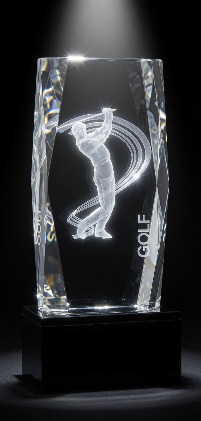 Our Crystal Golf Swing Trophy shown here on a black background also blank, without engraving. The crystal golf award features a clear crystal top with a 3D golfer inside. It's mounted on a black base that includes a black & silver engraving plate for personalization. This CRY1139 award is 6" tall, weighs 3.9 lbs. & comes in deluxe gift box.