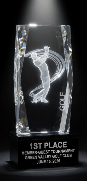Our Crystal Golf Swing Trophy features a vertical rectangle piece of crystal with large beveled edges. The middle has a 3D golfer in the middle of his swing and to his right is the word written vertically, "GOLF." It's mounted on a black base that includes silver laser engraving personalization for an award won at a golf tournament. This CRY1139 is 6" tall and weighs 3.9 lbs.