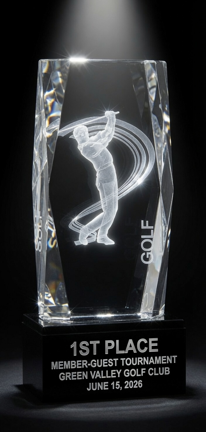 Our Crystal Golf Swing Trophy features a vertical rectangle piece of crystal with large beveled edges. The middle has a 3D golfer in the middle of his swing and to his right is the word written vertically, "GOLF." It's mounted on a black base that includes silver laser engraving personalization for an award won at a golf tournament. This CRY1139 is 6" tall and weighs 3.9 lbs.