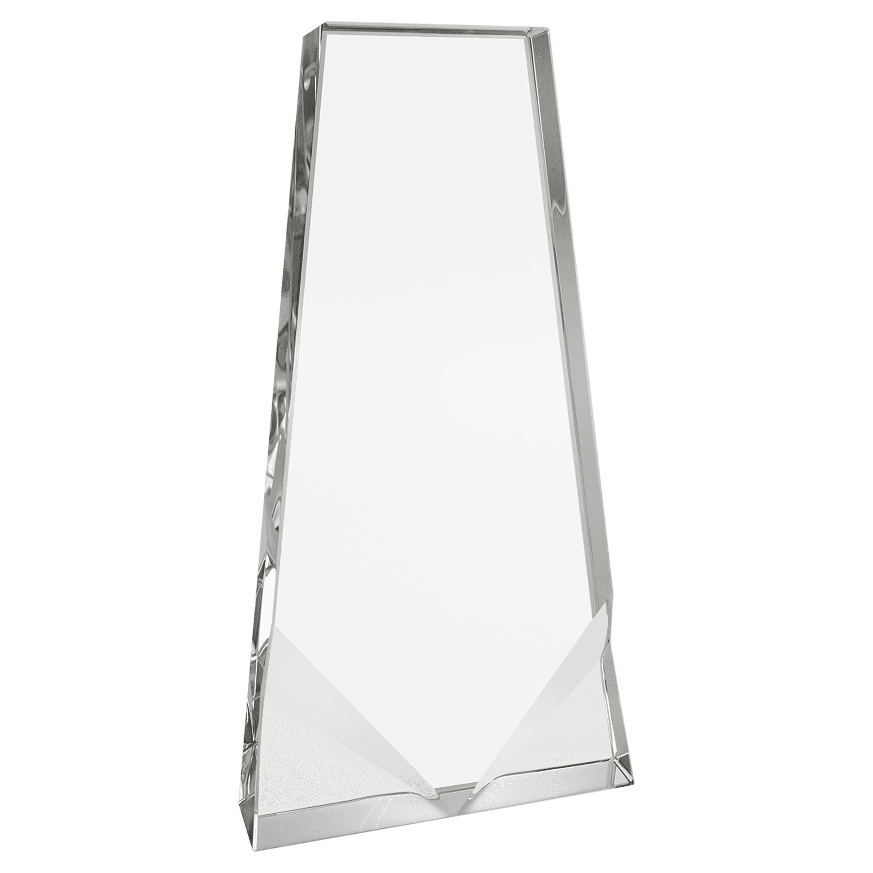 This tall blank Crystal Wedge Award (CRY262L) showcases a striking tapered design with two front bevels. Standing 4 3/4" x 9" tall, this premium optical crystal piece offers a commanding presence with crisp, reflective beveled edges, perfect for personalized engraving.
