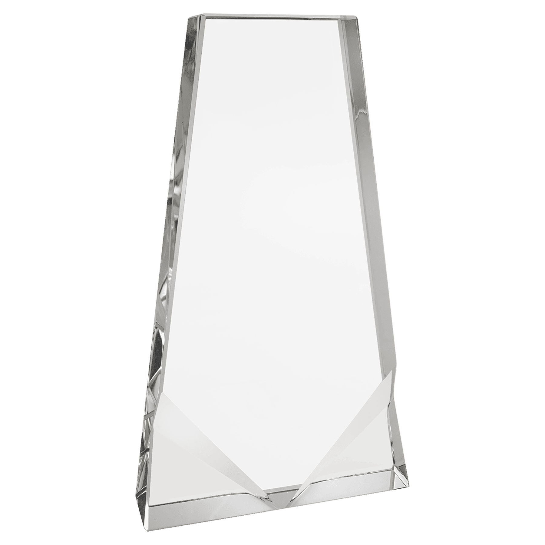 This elegant blank Crystal Wedge Award (CRY262M) features a sleek tapered shape with two front bevels and a substantial crystal body. Measuring 4 3/4" x 8 1/4", this clear optical crystal trophy has a modern, minimalist design with beautiful light-reflecting edges, ready for custom laser engraving.