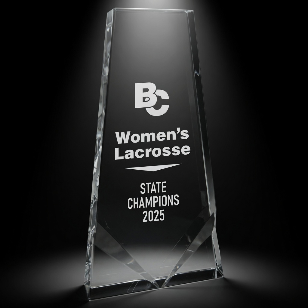 Premium 4 3/4" x 9" Crystal Wedge Award with Two Front Bevels (CRY262L). Elegant optical crystal trophy ideal for corporate recognition, sports championships, service awards, and personalized laser engraving.