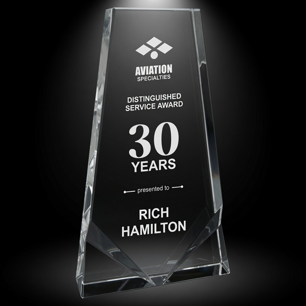 Premium 4 3/4" x 8 1/4" Crystal Wedge Award with Two Front Bevels (CRY262M). Elegant optical crystal trophy perfect for corporate recognition, service awards, milestone achievements, and personalized engraving.