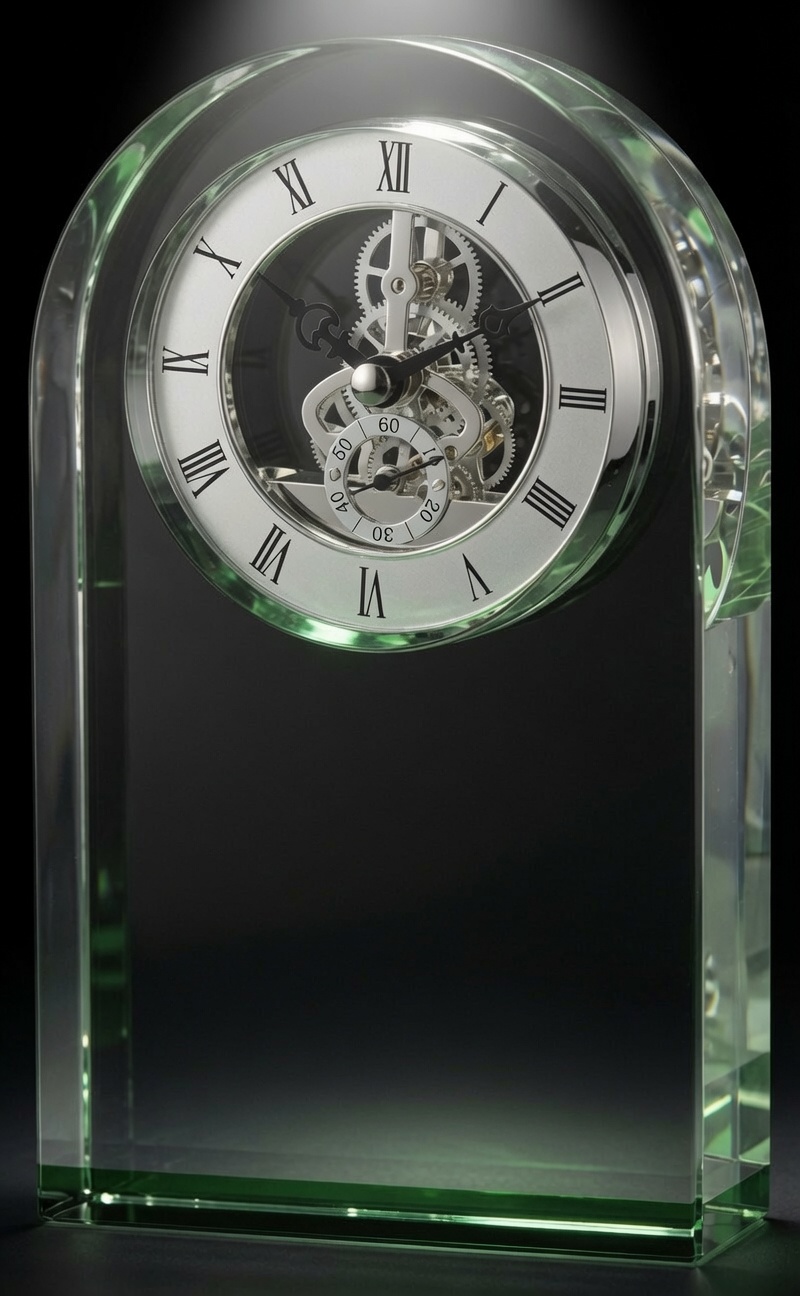 Our Emerald Dome Crystal Clock shown here blank, without engraving. It features a 2.5" thick piece of crystal with a dome at the top & a green reflective bottom that shoots shades of green throughout the clock. The top has a silver skeleton clock with black accents. Below the clock is a place for laser engraving personalization, but is shown blank here. This CRY951 clock is 7" tall & weighs 5 lbs.