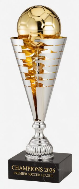 Golden Apex Soccer Cup trophy standing 21 inches tall and weighing 6.8 lbs. This premium contemporary soccer trophy features a large polished gold soccer ball on top, a sleek silver and gold metallic cup with modern cutout design, and a solid black marble base. The base is elegantly engraved in gold lettering with 'CHAMPIONS 2026' and 'PREMIER SOCCER LEAGUE'. Stunning championship trophy perfect for soccer tournaments and leagues.