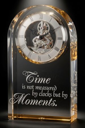 Our Golden Dome Crystal Clock features a 2.5" thick piece of crystal with a reflective gold mirror base at the bottom & a dome on the top of the clock. Towards the top is a skeleton clock with a silver face and black Roman numerals & hands. Below the clock is a place for laser engraving personalization. It's personalized with the phrase, "Time is not measured by clocks, but by moments." This CRY952 clock includes free engraving, free shipping & comes in a deluxe gift box.