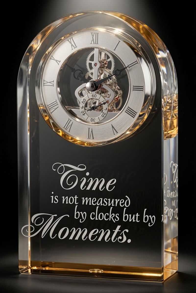 Our Golden Dome Crystal Clock features a 2.5" thick piece of crystal with a reflective gold mirror base at the bottom & a dome on the top of the clock. Towards the top is a skeleton clock with a silver face and black Roman numerals & hands. Below the clock is a place for laser engraving personalization. It's personalized with the phrase, "Time is not measured by clocks, but by moments." This CRY952 clock includes free engraving, free shipping & comes in a deluxe gift box.