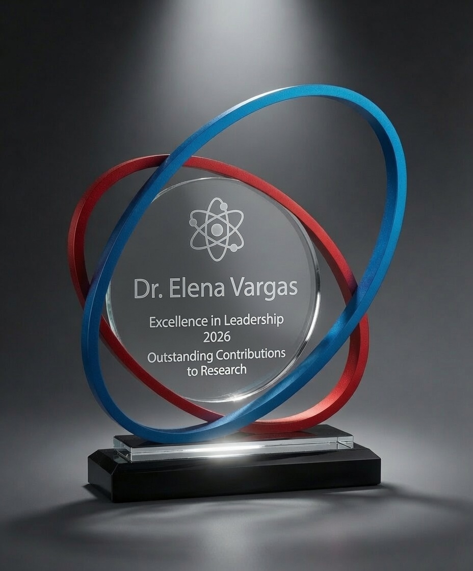 Our Infinity Fusion Glass Award CRY1081 features a red & blue metal rings around a glass disc in the middle. The glass disc is laser engraved with a name & words of appreciation. It's all mounted on a black glass base. This CRY1081 glass award is 7.75" x 8.25" in size, weighs 4.2 lbs. & comes in a deluxe gift box.