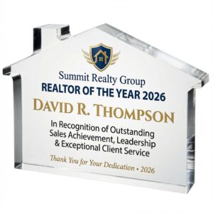 Realtor of the Year Award NW1822 - Full Color Engraved Crystal House Trophy for David R. Thompson with Summit Realty Group Logo