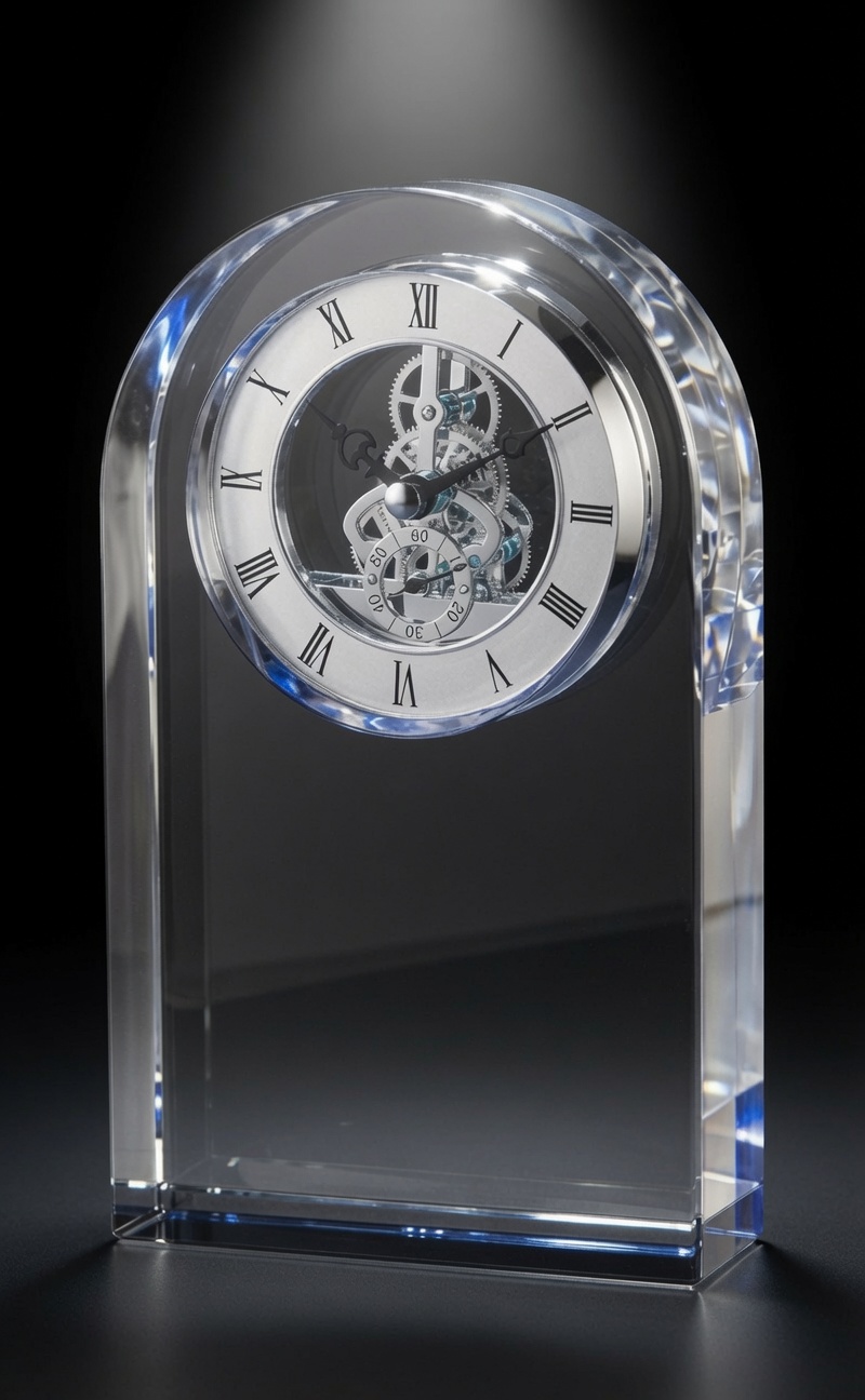 Our Royal Dome Crystal Clock shown here blank, without any engraving or personalization. It's a crystal piece that is 2.5" thick with a silver skeleton at the top and an engraving area below. This CRY953 is 7" tall & weighs 5 lbs.