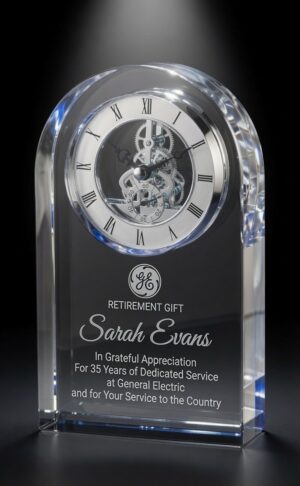 Our Royal Dome Crystal Clock features a thick piece of crystal with a dome at the top and a blue mirror base that reflects blues throughout the clock. The top has a silver skeleton clock with black hands, numbers & accents. Below is a place for laser engraving personalization. Thic CRY953 clock is 5" x 7" in size and weighs 5 lbs.