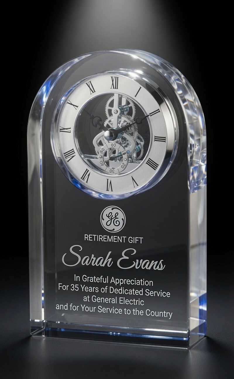 Our Royal Dome Crystal Clock features a thick piece of crystal with a dome at the top and a blue mirror base that reflects blues throughout the clock. The top has a silver skeleton clock with black hands, numbers & accents. Below is a place for laser engraving personalization. Thic CRY953 clock is 5" x 7" in size and weighs 5 lbs.