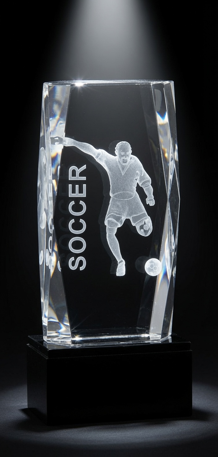 Our Soccer Kick Crystal Award features a vertical piece of crystal with a 3D soccer player kicking the ball. It also has the word "SOCCER" written vertically. It's mounted on a black crystal base that includes an engraving plate for personalization, but not shown here.