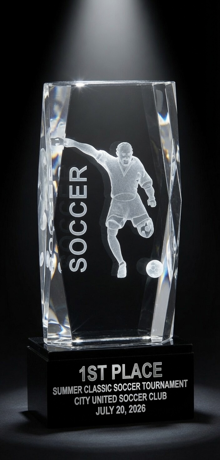 Our Soccer Kick Crystal Award features a vertical piece of crystal with bevels & a 3D soccer player kicking the ball. It's mounted on a black base that includes a black & silver engraving plate for personalization. This CRY1138 soccer award is 6" tall, weighs 3.9 lbs. & comes in a deluxe gift box.