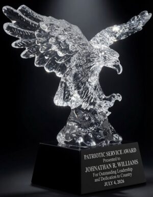Crystal Eagle Award (CRY810) featuring a detailed clear crystal American eagle with outstretched wings and powerful talons in a striking pose. Mounted on a sleek black base with silver engraving that reads: 'PATRIOTIC SERVICE AWARD Presented to JOHNATHAN R. WILLIAMS For Outstanding Leadership and Dedication to Country JULY 4, 2026'. Dramatically lit with spotlight from above highlighting the sparkling crystal details.