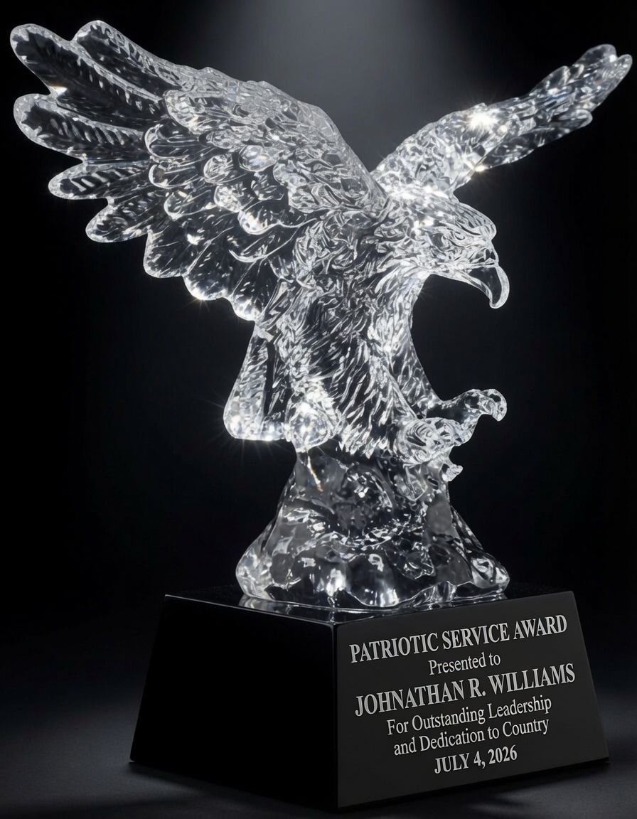 Crystal Eagle Award (CRY810) featuring a detailed clear crystal American eagle with outstretched wings and powerful talons in a striking pose. Mounted on a sleek black base with silver engraving that reads: 'PATRIOTIC SERVICE AWARD Presented to JOHNATHAN R. WILLIAMS For Outstanding Leadership and Dedication to Country JULY 4, 2026'. Dramatically lit with spotlight from above highlighting the sparkling crystal details.