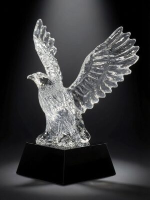 Our Wings of Freedom Crystal Eagle features a clear crystal eagle with it's wings risen high and spread wide. It's mounted on a black crystal base that includes a black & silver engraving plate for personalization. This CRY802 eagle statue is 6" x 7.25" in size and weighs 4.2 lbs.