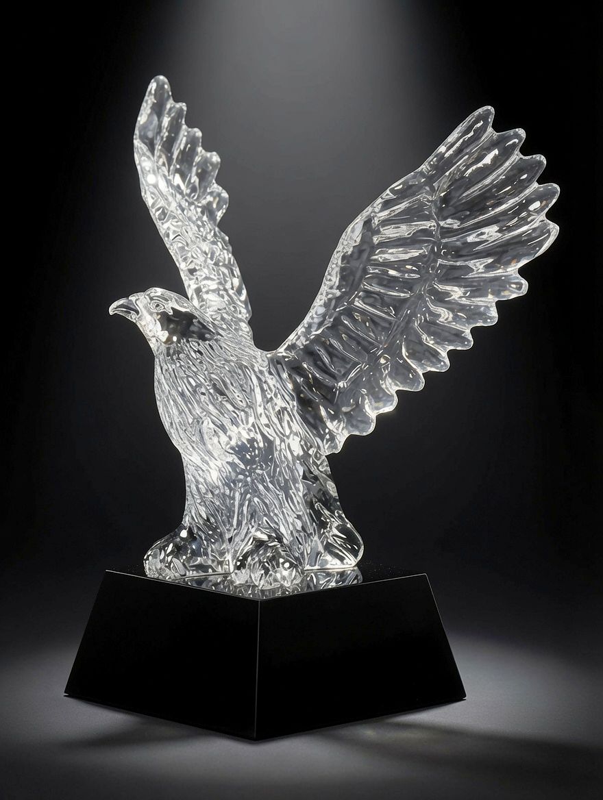 Our Wings of Freedom Crystal Eagle features a clear crystal eagle with it's wings risen high and spread wide. It's mounted on a black crystal base that includes a black & silver engraving plate for personalization. This CRY802 eagle statue is 6" x 7.25" in size and weighs 4.2 lbs.