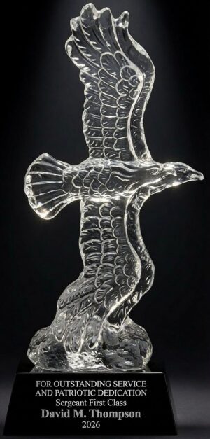 Wings of Majesty Crystal Eagle Statue CRY805 - Breathtaking clear optical crystal eagle soaring with fully spread wings and intricate feather detailing, mounted on a sleek black base. Personalized with silver engraving: "FOR OUTSTANDING SERVICE AND PATRIOTIC DEDICATION - Sergeant First Class David M. Thompson 2026". This elegant 4.75" x 11.25" military and patriotic award trophy honors exceptional service and dedication. Perfect for recognition ceremonies and veteran appreciation gifts.