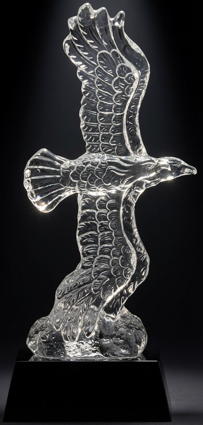 Our Wings of Majesty eagle features a unique clear crystal eagle with it's wings fully spread as it soars though the skies. It's mounted in a way that the wings go vertically and is mounted on a black crystal base. The base includes a black & silver engraving plate for personalization. This CRY805 eagle sculpture is 4.75" x 11.25" in size and weighs 5.1 lbs.